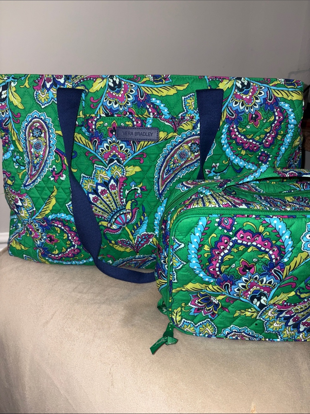 Vera Bradley Emerald Paisley Quilted Travel Tote with Navy Straps